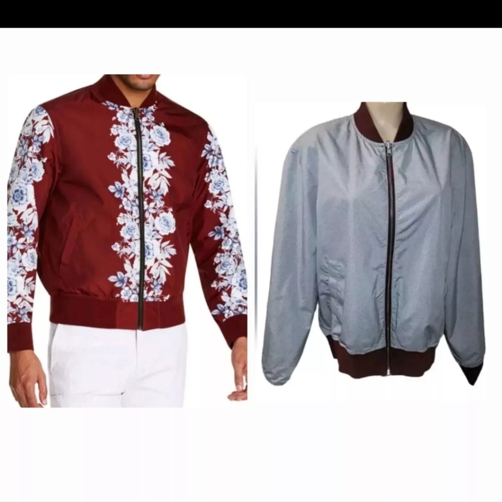 $148 Tallia Reverseable Floral Bomber CLARET Jacket Mens XL Grey WATER REPELLENT